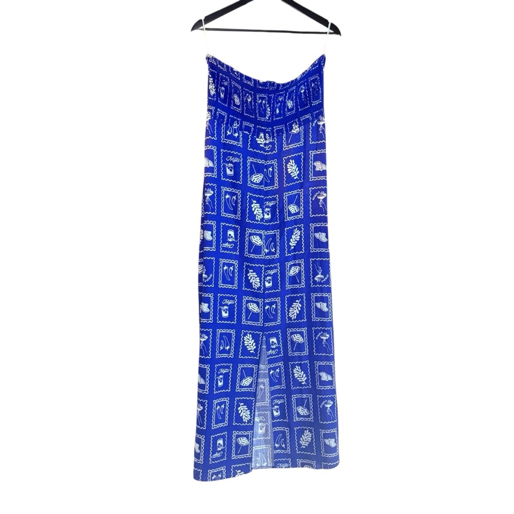 NWT XL Paper Heart Anthropologie Blue Linen Strapless Maxi Dress Tropical Resort - Picture 10 of 14